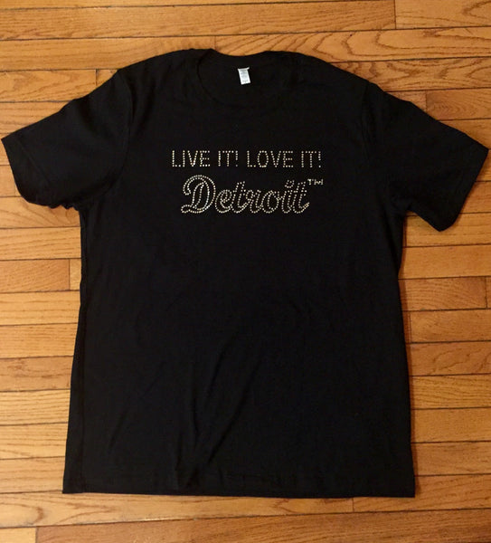 LIVE IT LOVE IT Detroit Bling Tee with Detroit in Cursive Design (Women Sizes)