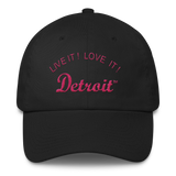 LIVE IT LOVE IT Detroit Bayside Cotton Cap in pink letters