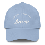 LIVE IT LOVE IT Detroit Bayside Cotton Cap in white letters